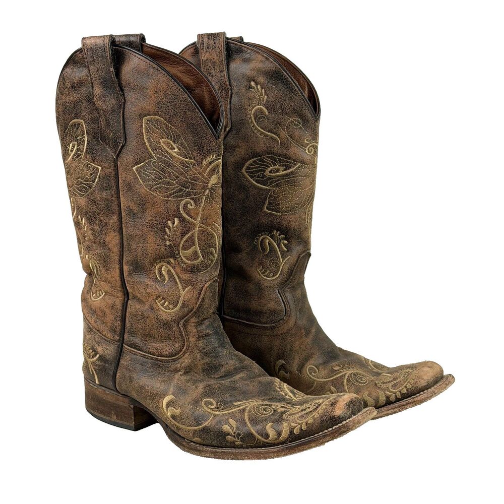 Circle G Womens 10 Brown Leather Cowboy Boots Embroidered Square Toe Western